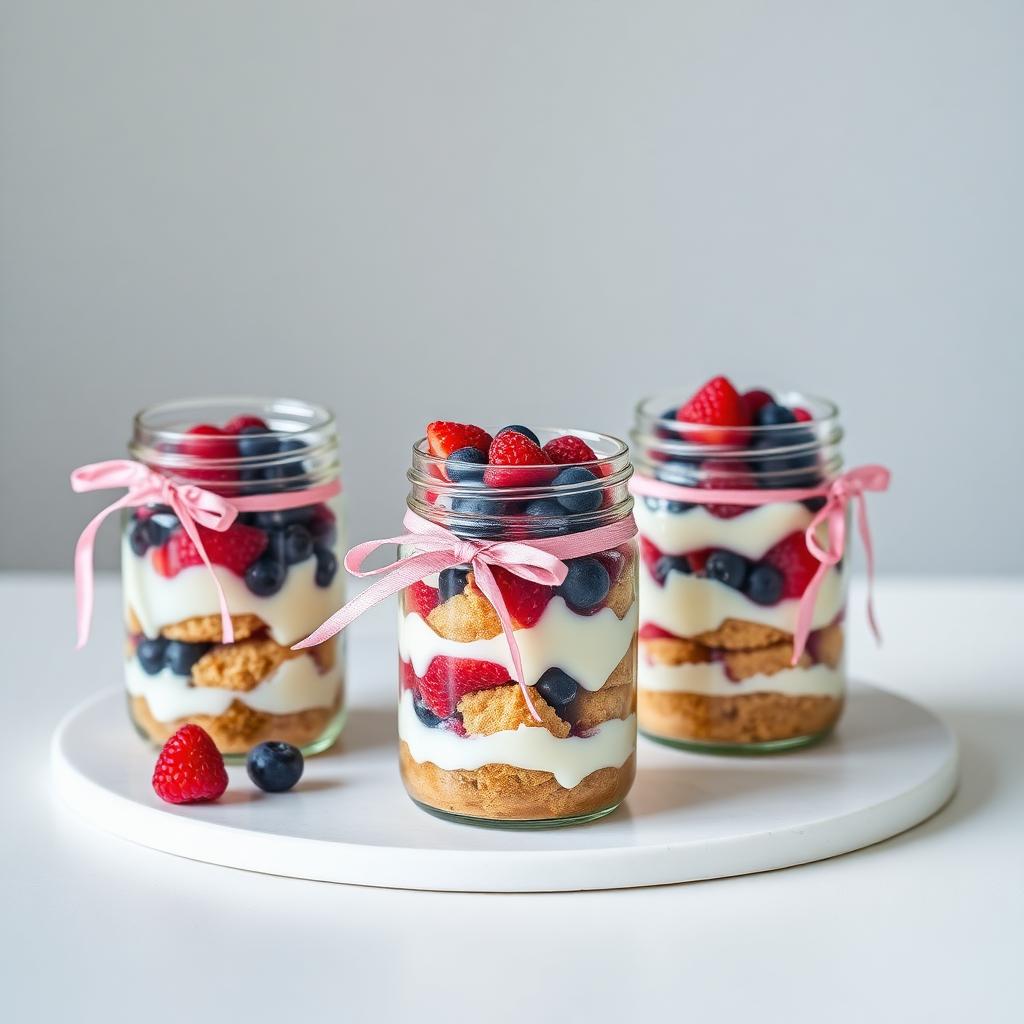 Layered cake jars tied with blush ribbon
