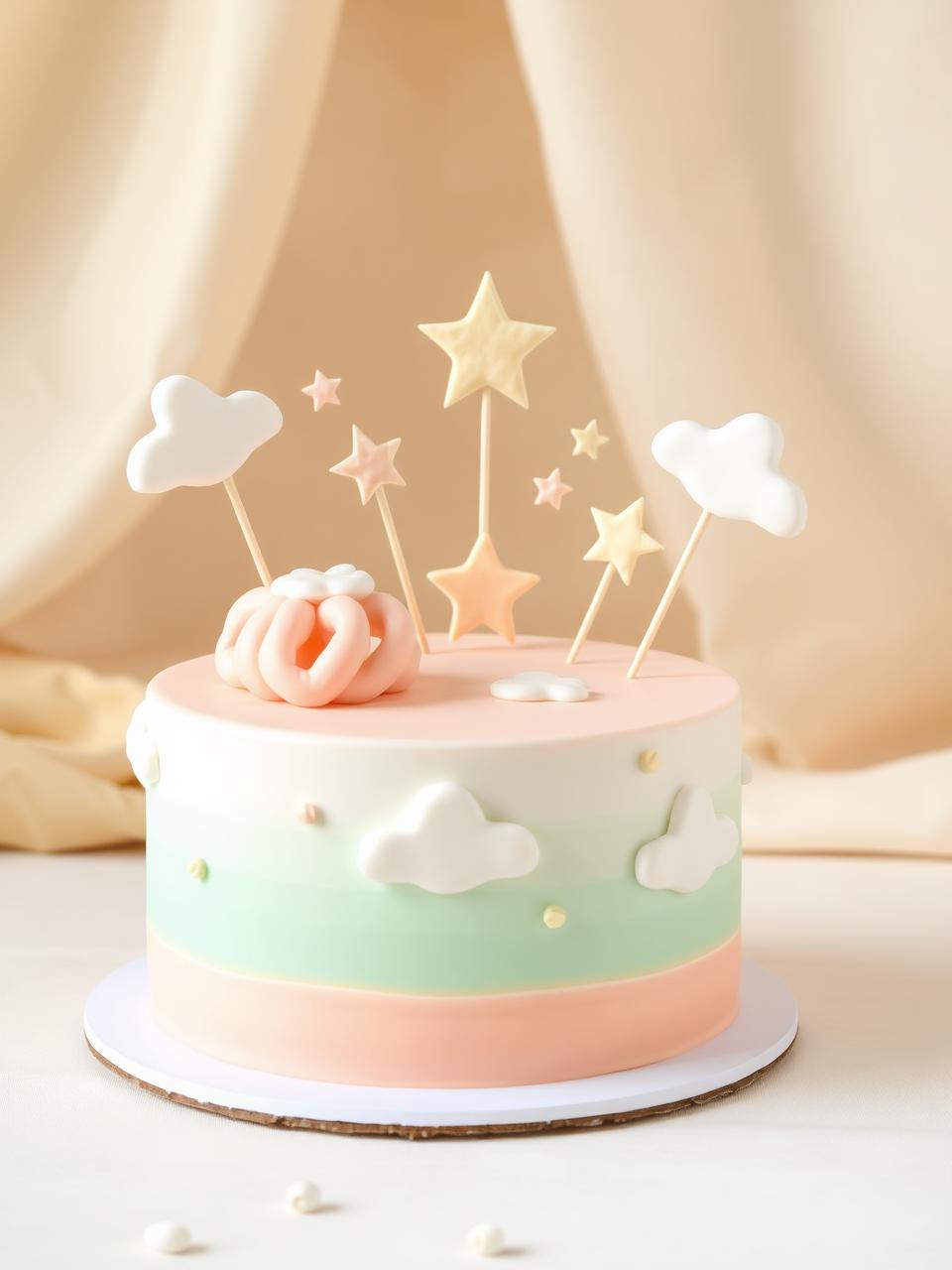 Pastel children's celebration cake with sugar clouds and stars
