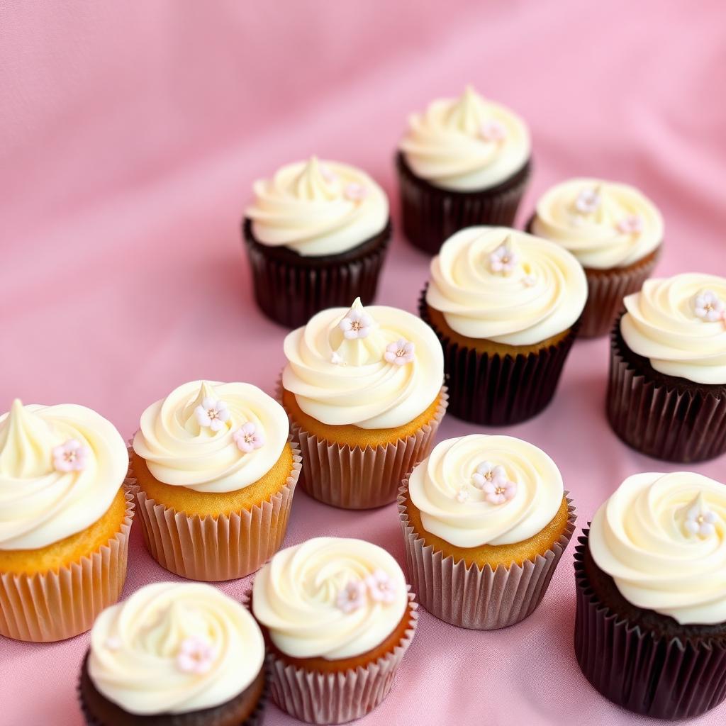 Cupcakes with ivory buttercream swirls and sugar blossoms