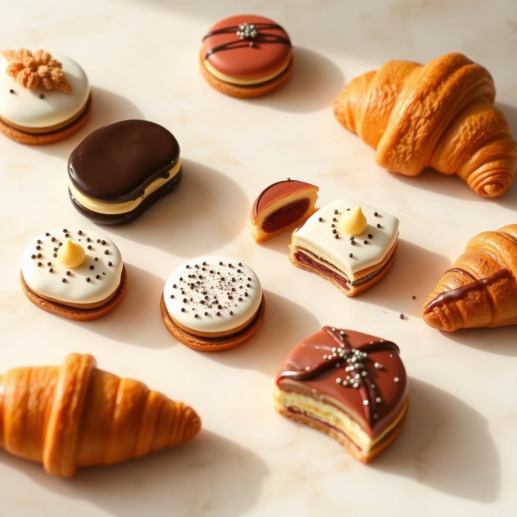 Assorted French pastries on cream marble