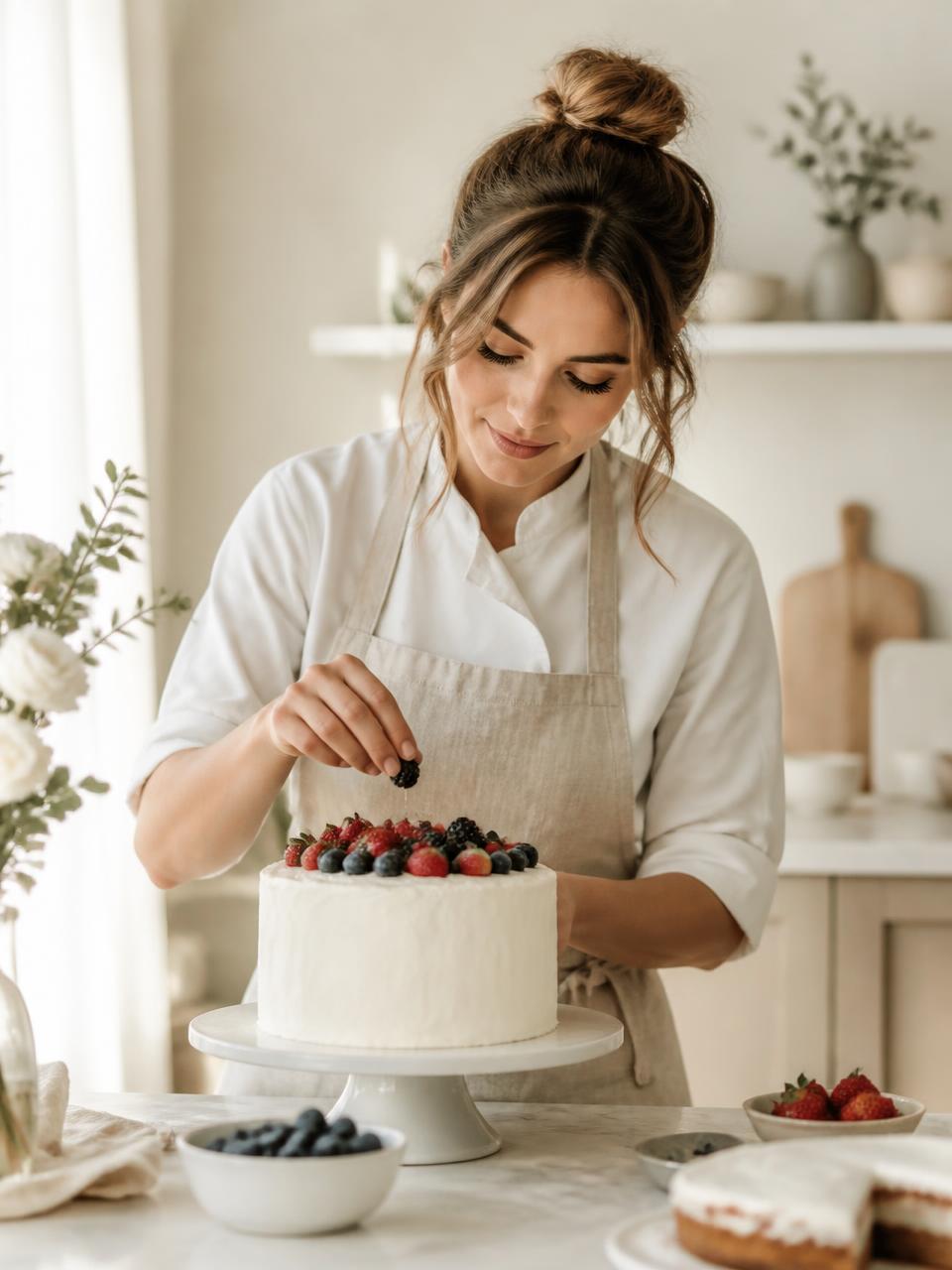 Pastry chef placing fresh berries on a white cake in the The Cake Smith studio