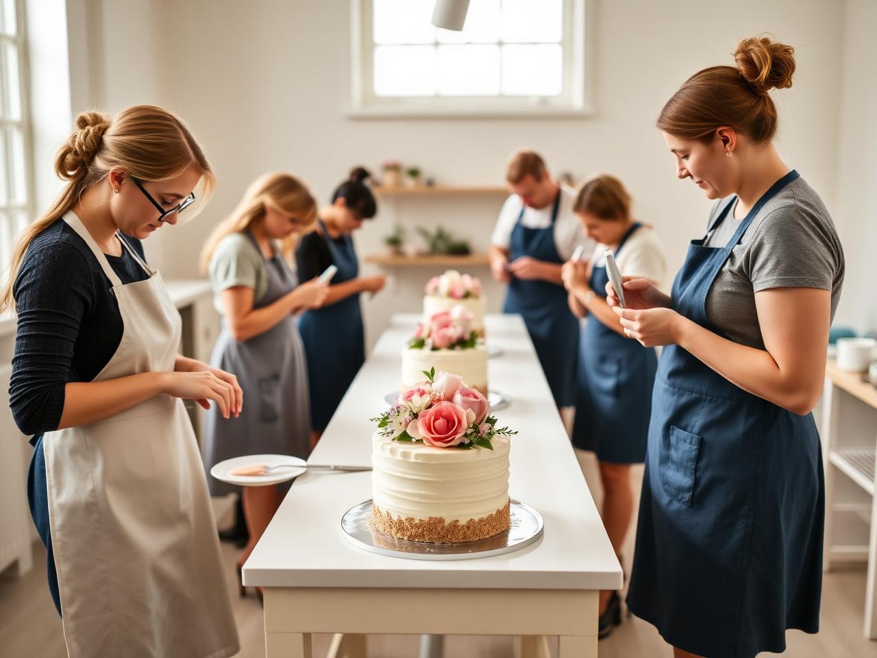 Guests decorating cakes at a The Cake Smith studio workshop
